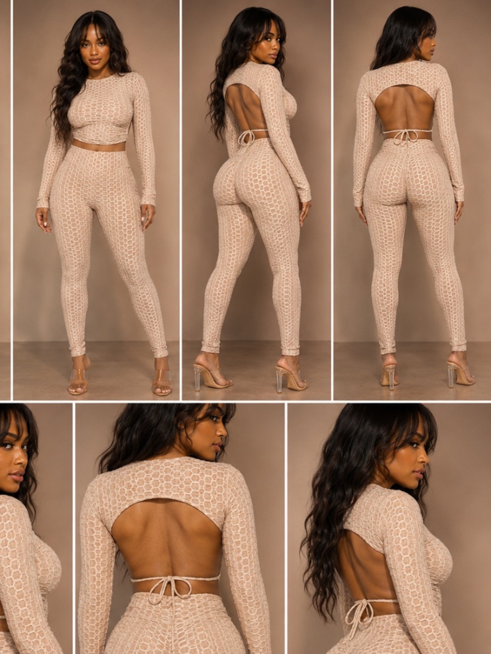 Cream Textured Open Back Crop Top Leggings Set 2 Piece Outfit